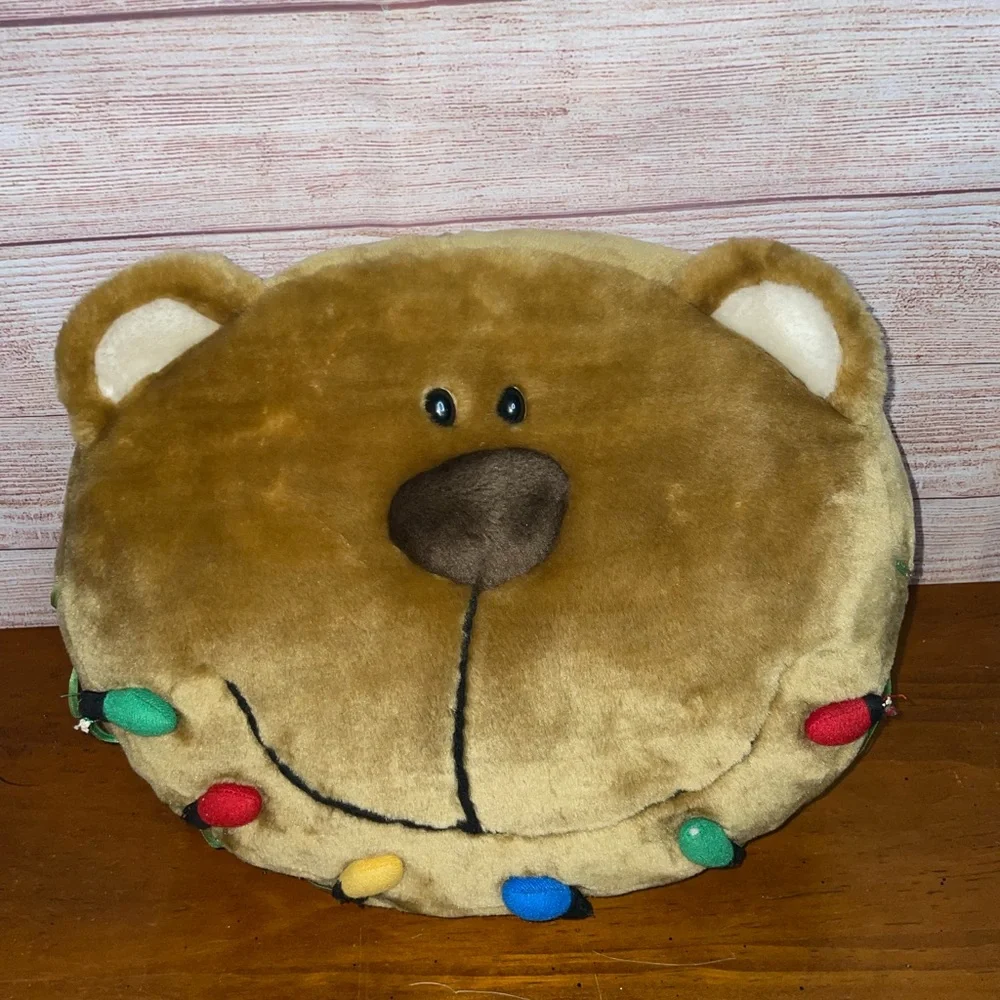 Holiday Bear Pillow Christmas round colorful lights brown plush face animal